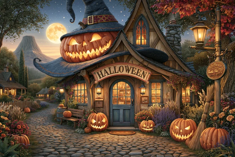A charming, whimsical Halloween-themed cottage is adorned with a