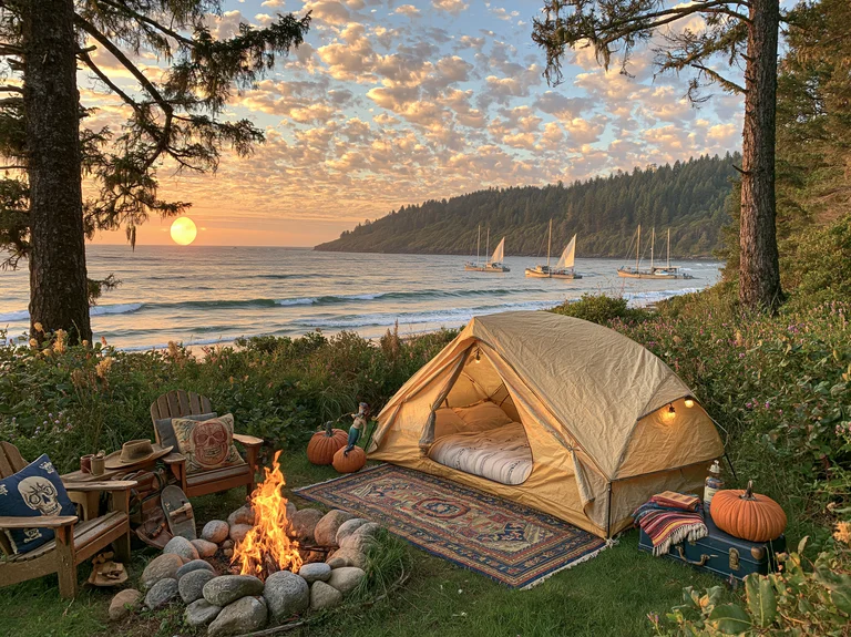 A cozy campsite is set up on a grassy hill overlooking a serene ocean