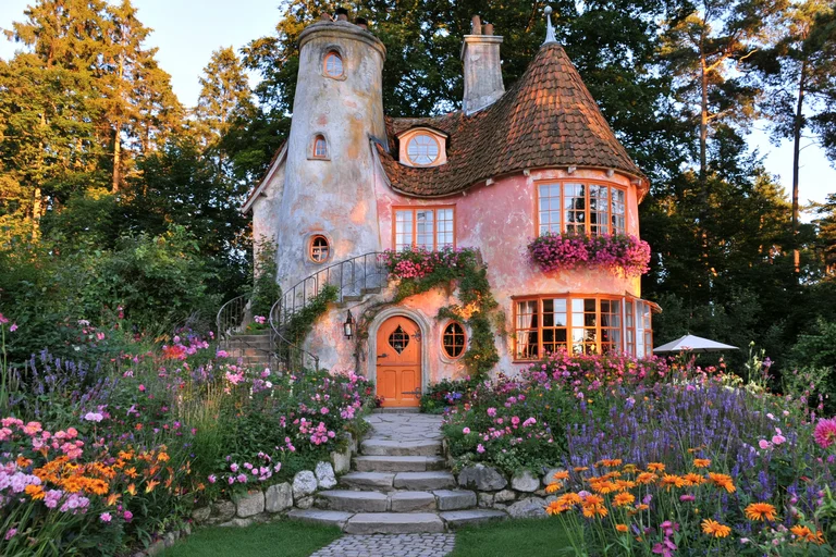 A whimsical, storybook-style cottage with a tall, slender tower and a
