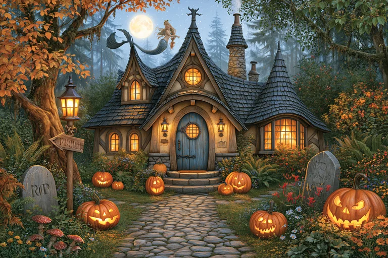 A whimsical witch's cottage is decorated for Halloween with