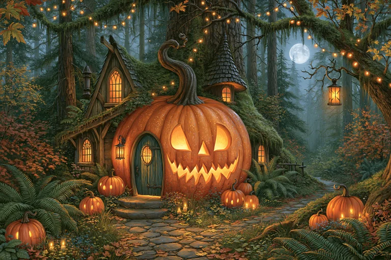 A whimsical Halloween scene unfolds in a dark, enchanted forest