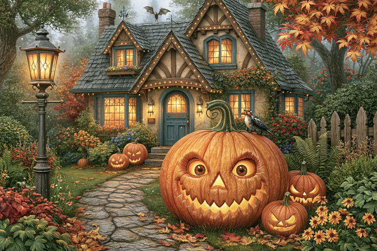 A charming, whimsical cottage is adorned with festive Halloween