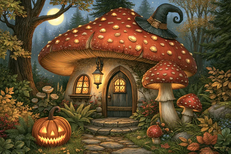 A whimsical mushroom house, resembling an amanita muscaria, is