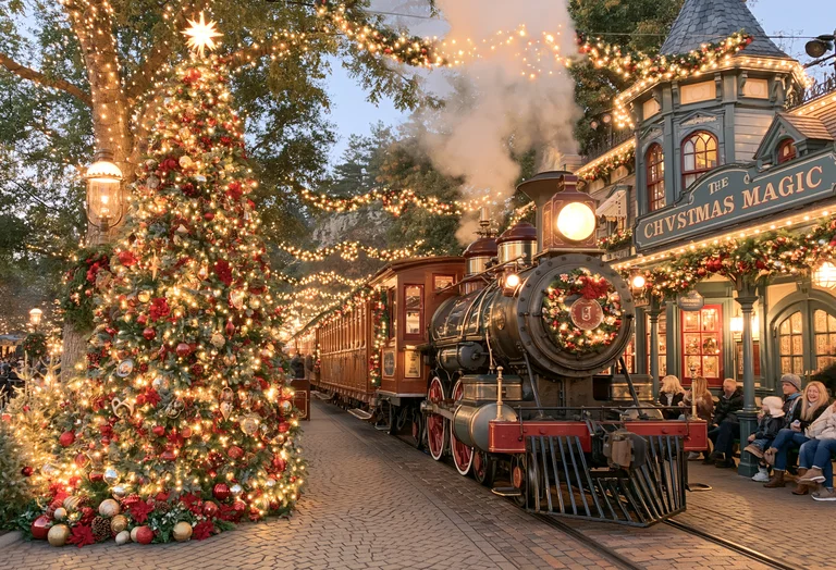 A festive Christmas scene features a steam train decorated with