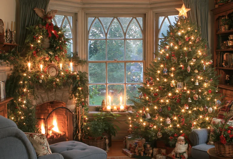 A cozy living room is decorated for Christmas, featuring a roaring