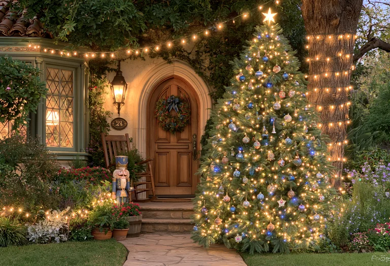 A beautifully decorated Christmas tree stands on a stone pathway in