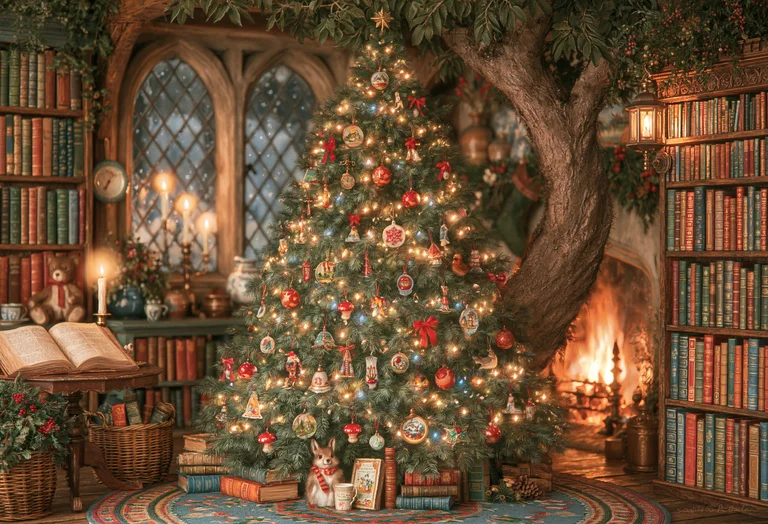 A cozy, dimly lit room is decorated for Christmas, featuring a large,