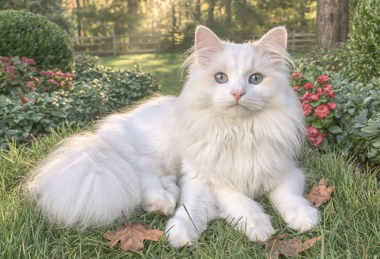 A beautiful, fluffy white cat with striking blue eyes is resting in a