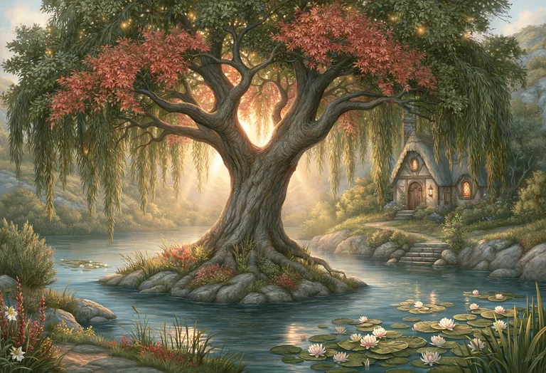 A majestic, ancient tree with weeping branches stands on a small