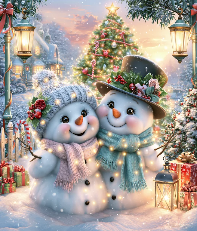 Two cheerful snowmen are embracing in a snowy winter wonderland