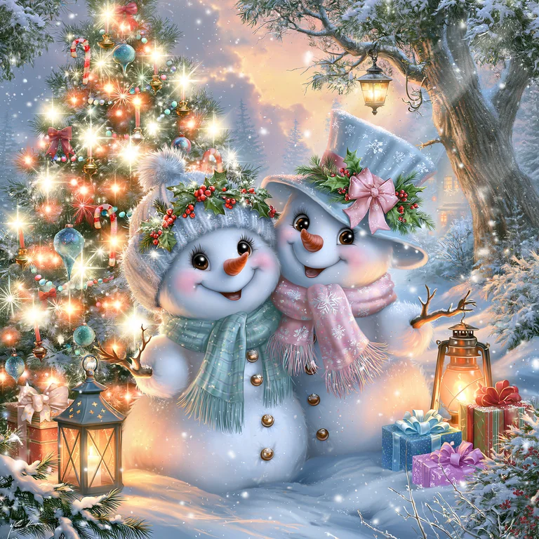 Two charming snowmen are embracing in a snowy winter wonderland,