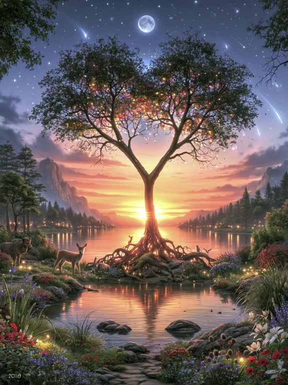 A majestic tree with glowing roots stands on an island in a serene