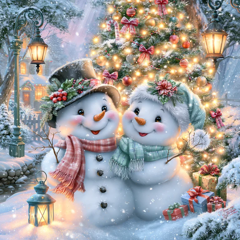 Two cheerful snowmen stand close together in a snowy winter scene,
