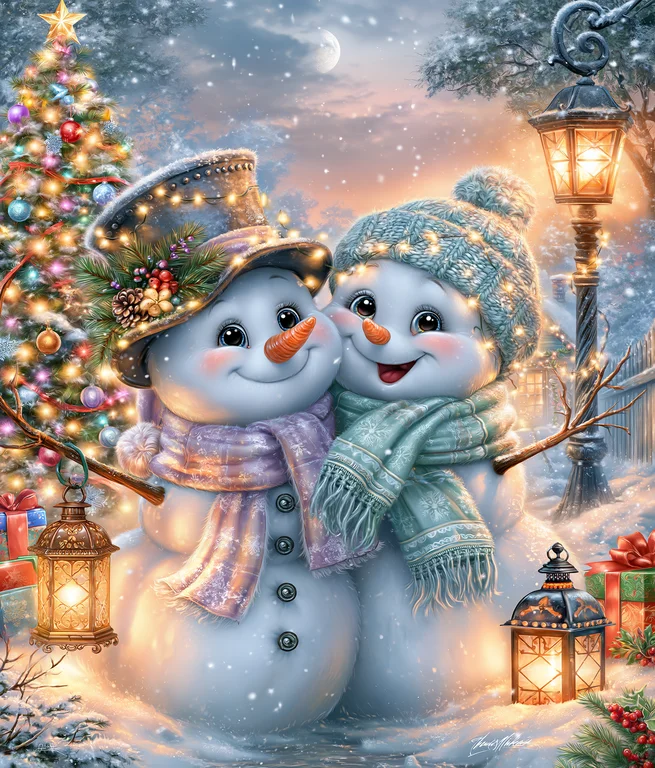 Two charming snowmen are embracing each other in a snowy winter
