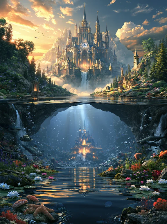 A majestic castle sits atop a mountain, with waterfalls cascading