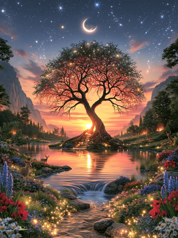 A majestic, ancient tree stands on a small island in a serene lake,