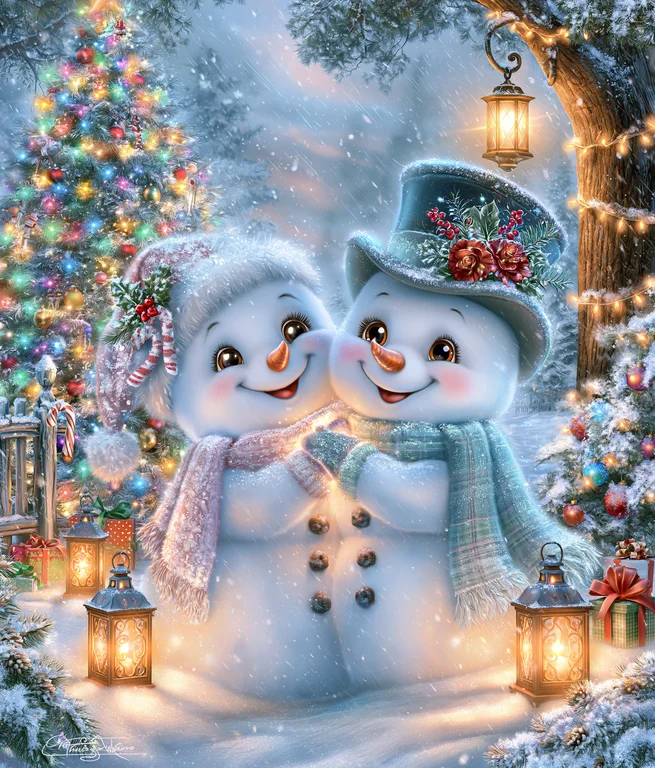Two charming snowmen embrace in a snowy winter wonderland, surrounded
