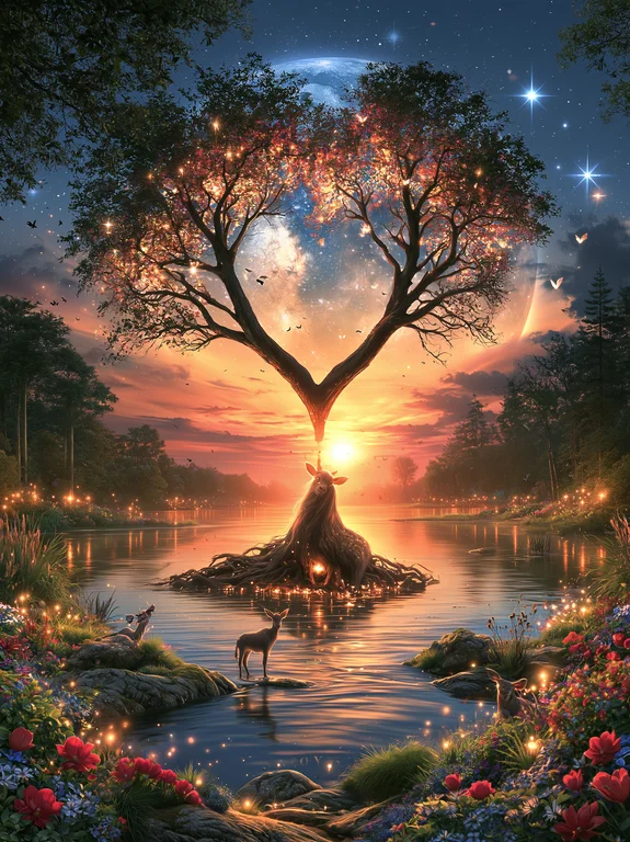 A magical tree with glowing lights stands in the center of a serene