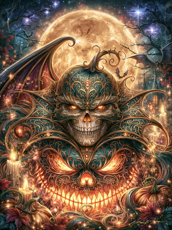 A highly ornate, demonic skull character with glowing eyes and a