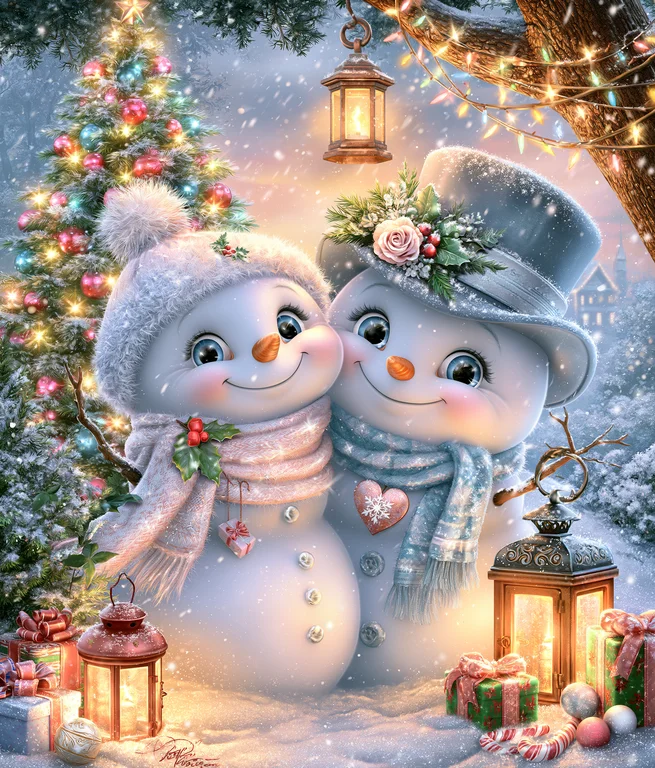 Two charming snowmen are embracing in a snowy winter wonderland