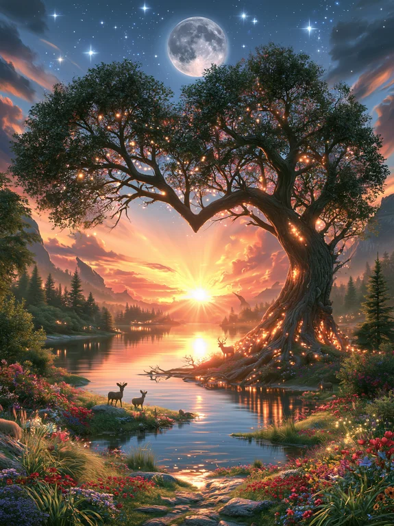 A majestic, ancient tree with heart-shaped branches is adorned with