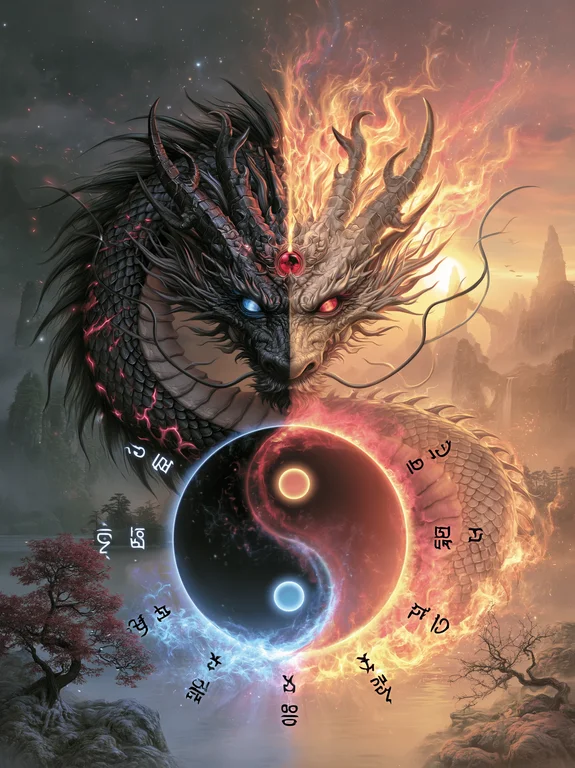 A majestic dragon is depicted split down the middle, with one half