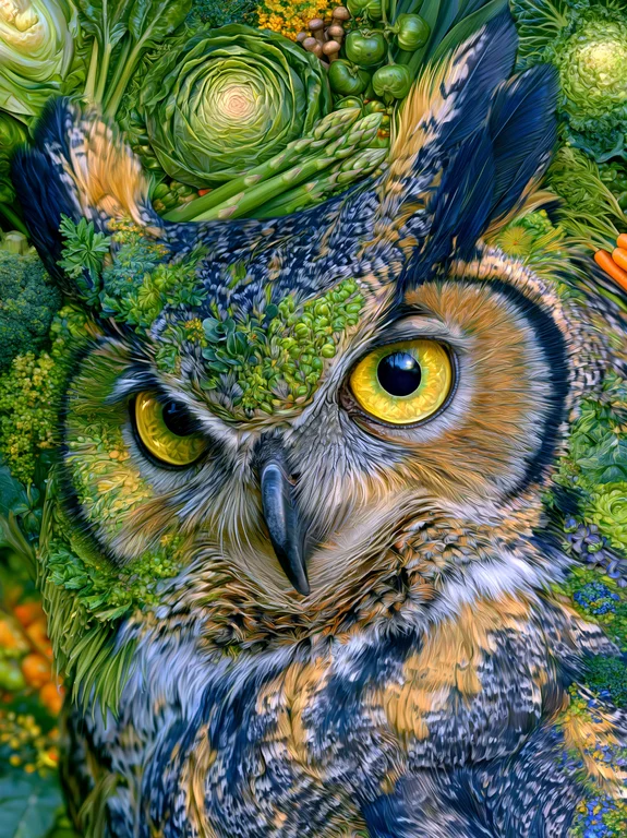 A highly detailed, close-up portrait of an owl whose feathers and
