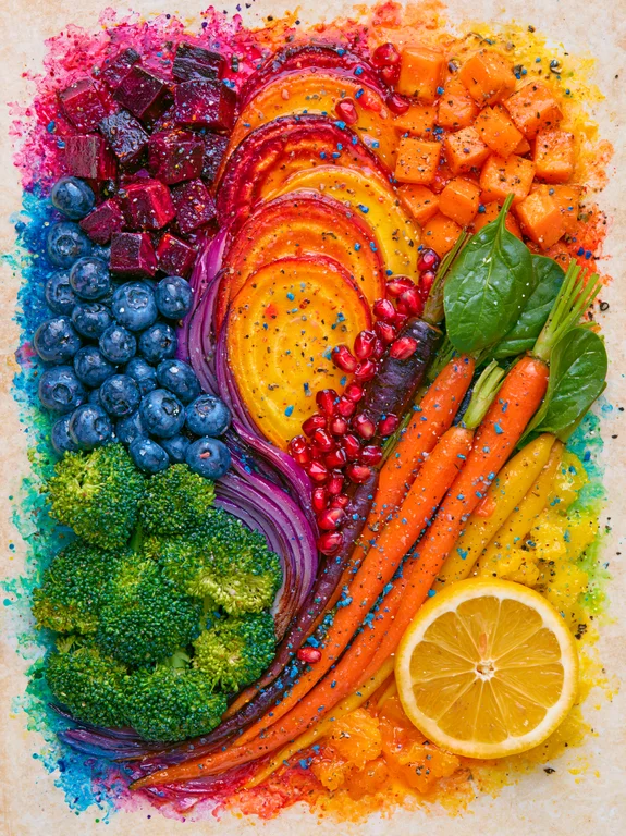 A vibrant and colorful arrangement of fresh vegetables and fruits is